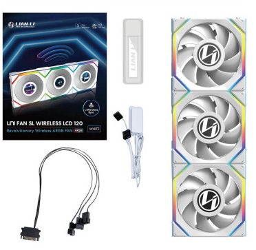 3 מאווררי UNI SL Wireless LCD מבית Lian-Li בגודל 120 מ''מ בצבע לבן ליאן לי Lian-Li 12SLLCD1W3W UNI SL Wireless LCD 120mm 1900Rpm White 3xFans